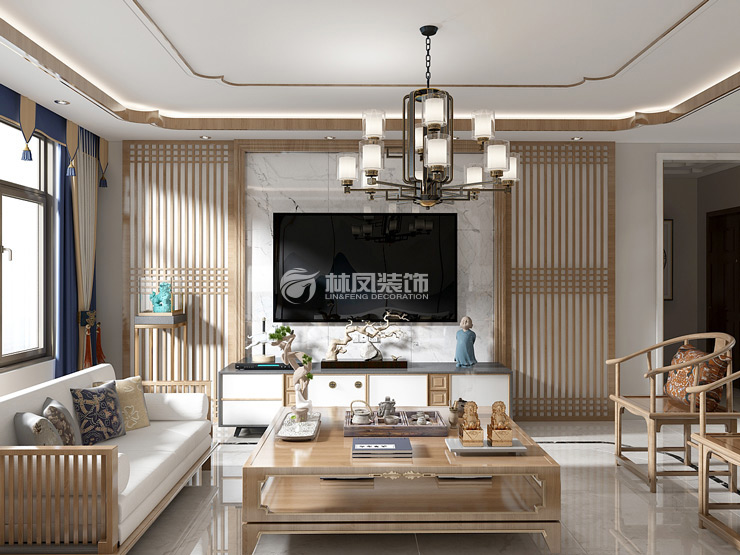 萬(wàn)科圣豐翡翠之光160㎡新中式風(fēng)格客廳裝修效果圖